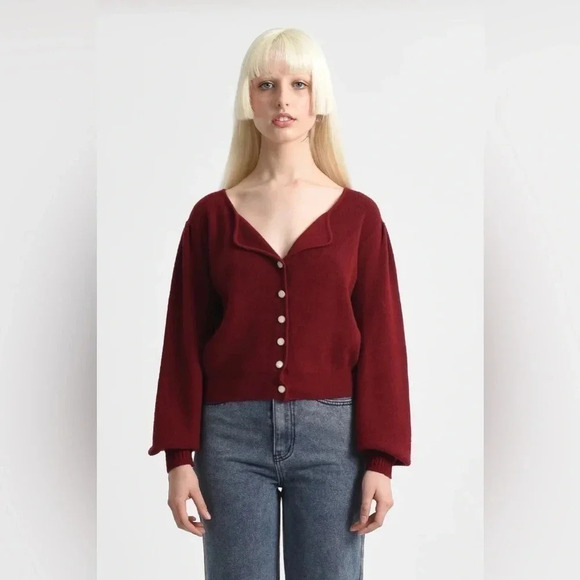 Lili Sidonio - Molly Bracken Oxblood Balloon Sleeve Cropped Cardigan - Picture 1 of 8